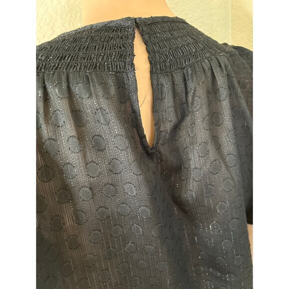 Express top blouse black/gold ruffle sleeve ruched bottom keyhole back SZ SM - Picture 10 of 10